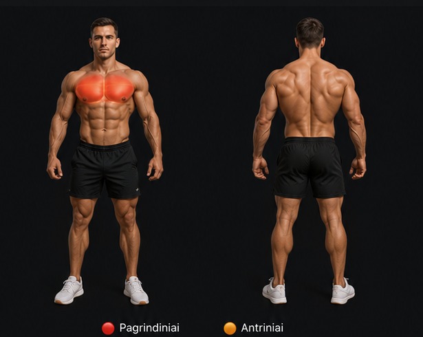 Realistic male body front and back with chest muscles highlighted